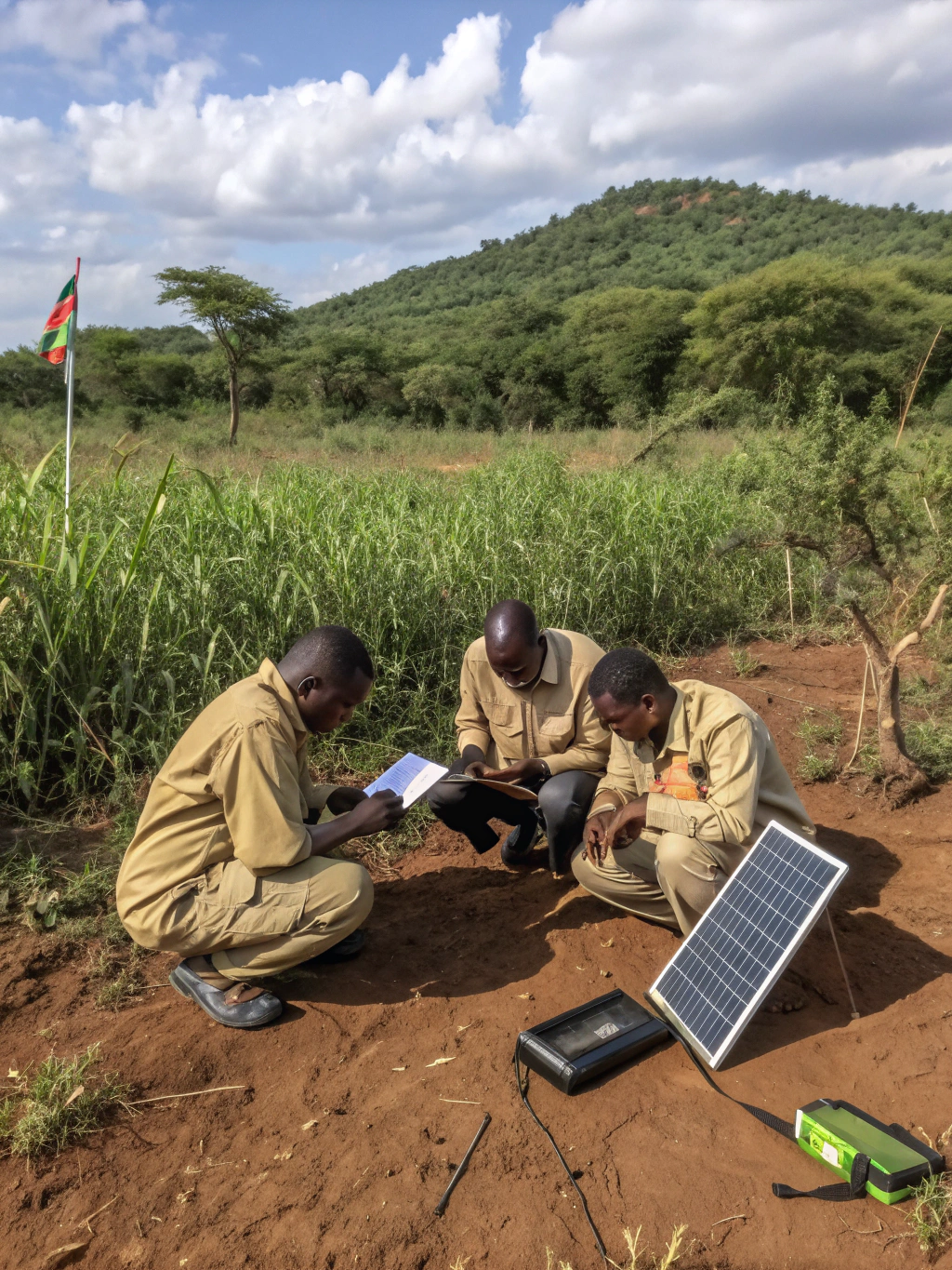 Scientists conducting field research in a tropical environment