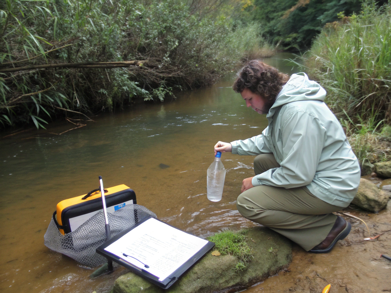 Scientist conducting field research in a tropical environment